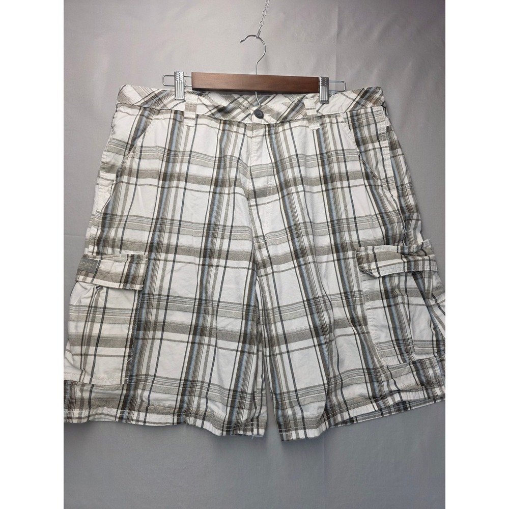 Wrangler Authentic Issue Mens Plaid Cargo Shorts White Brown Blue Size 38